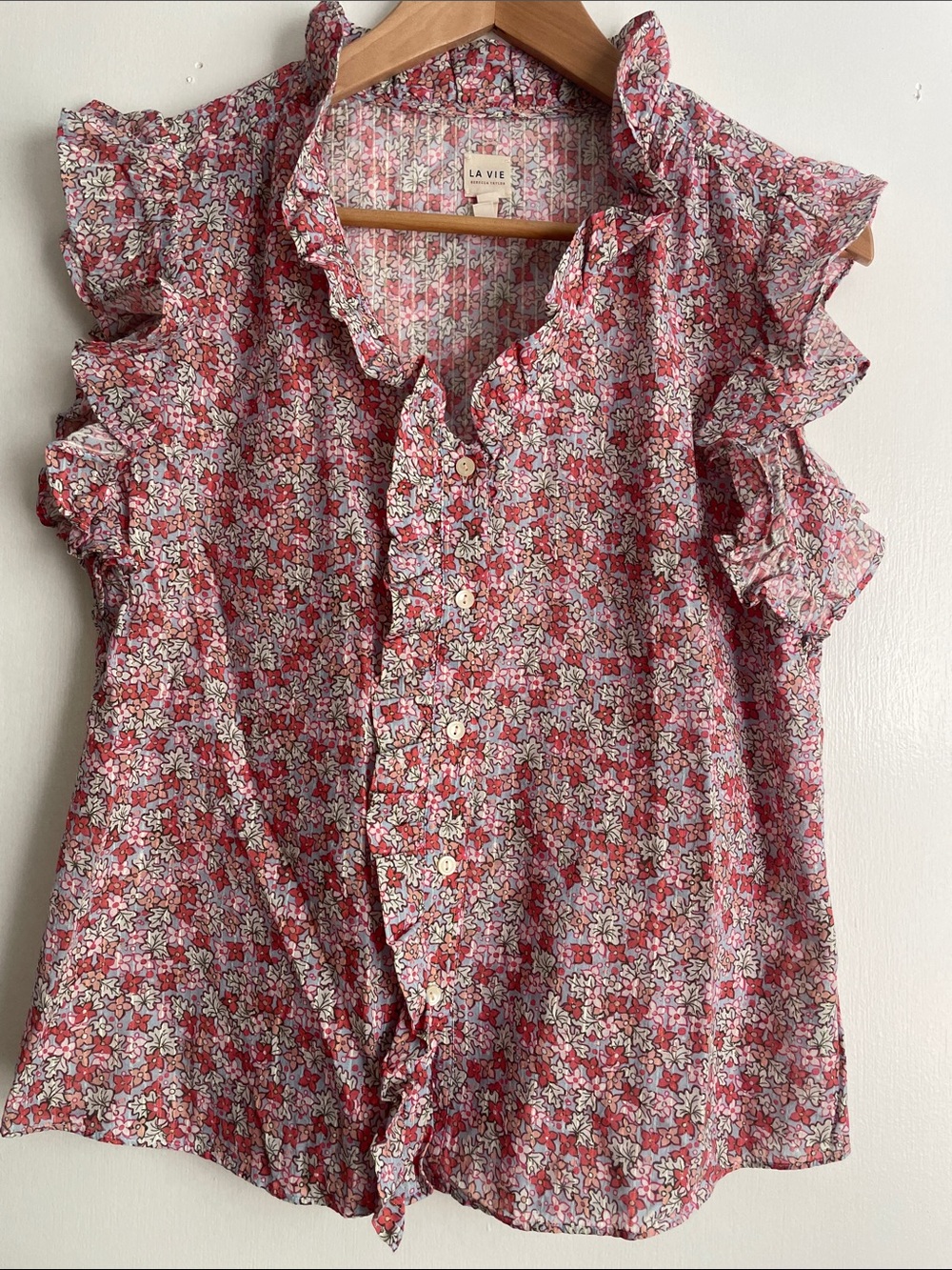 La Vie Rebecca Taylor Pink Floral Ruffle Button-Front Blouse